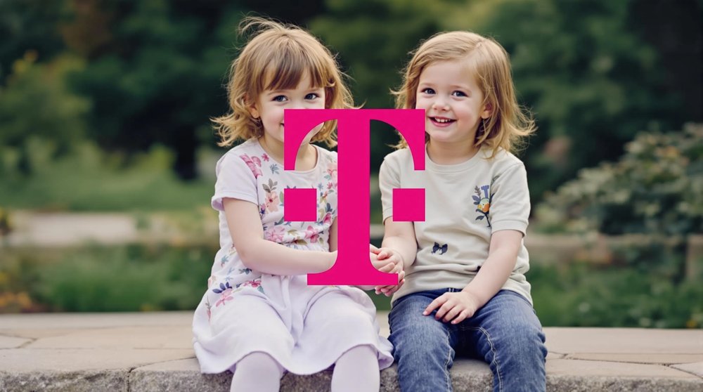 Zwei Kinder halten ein großes Telekom-T, KI-generiertes Kampagnenmotiv