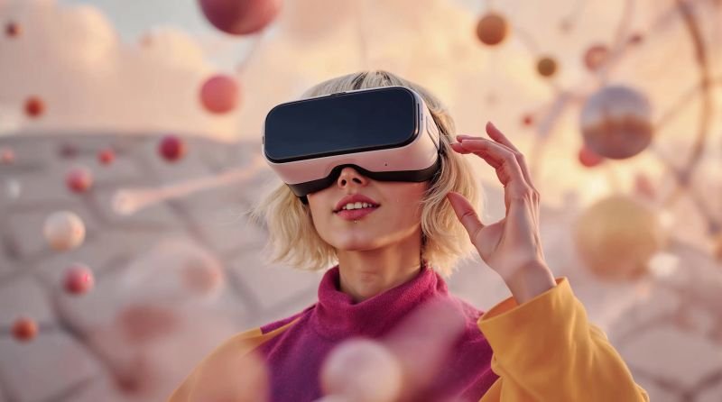 Frau mit VR-Brille in Magenta-Tönen, KI-generiertes Lifestyle-Motiv